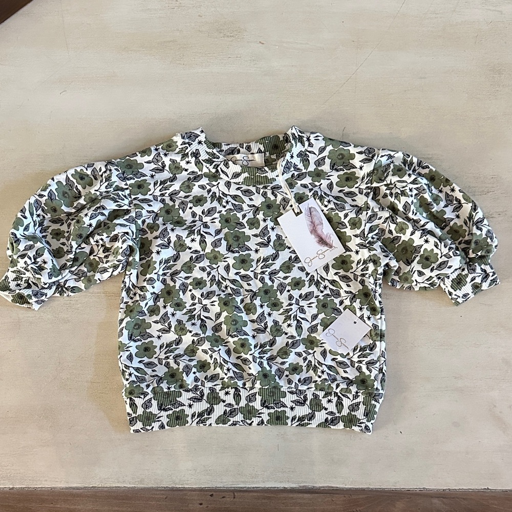 Jessica Simpson Kids Floral Puff Sleeve Top - Green and White